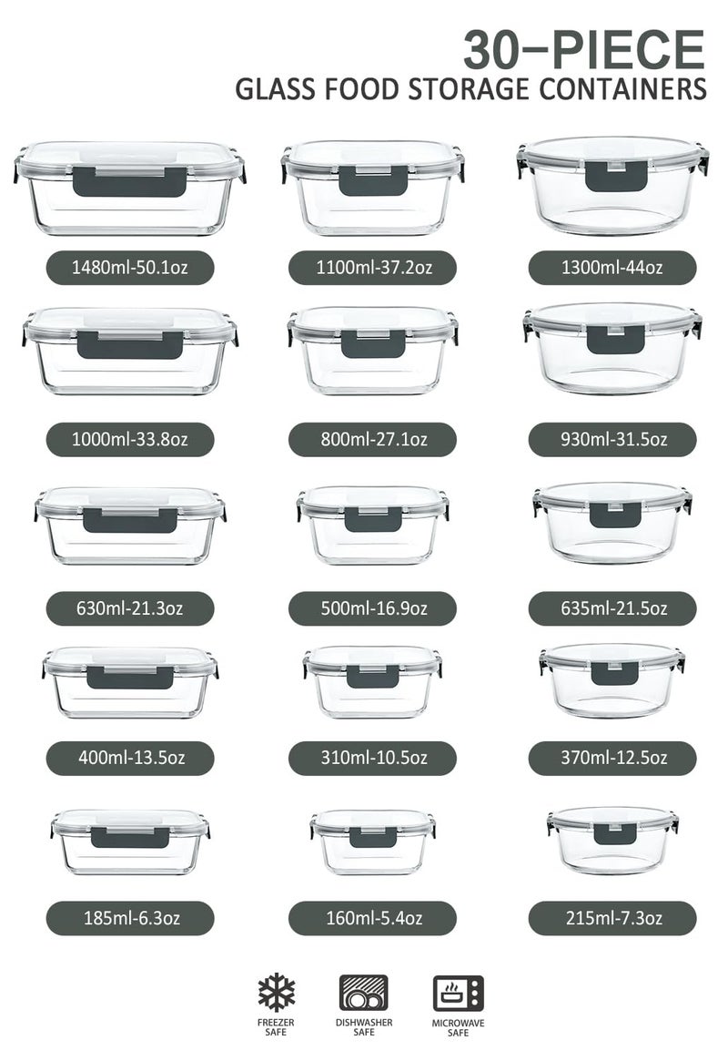 M MCIRCO 30 Pieces Glass Food Storage Containers with Snap Locking Lids,Glass Meal Prep Containers Set - Airtight Lunch Containers, Microwave, Oven, Freezer and Dishwasher - Image 2