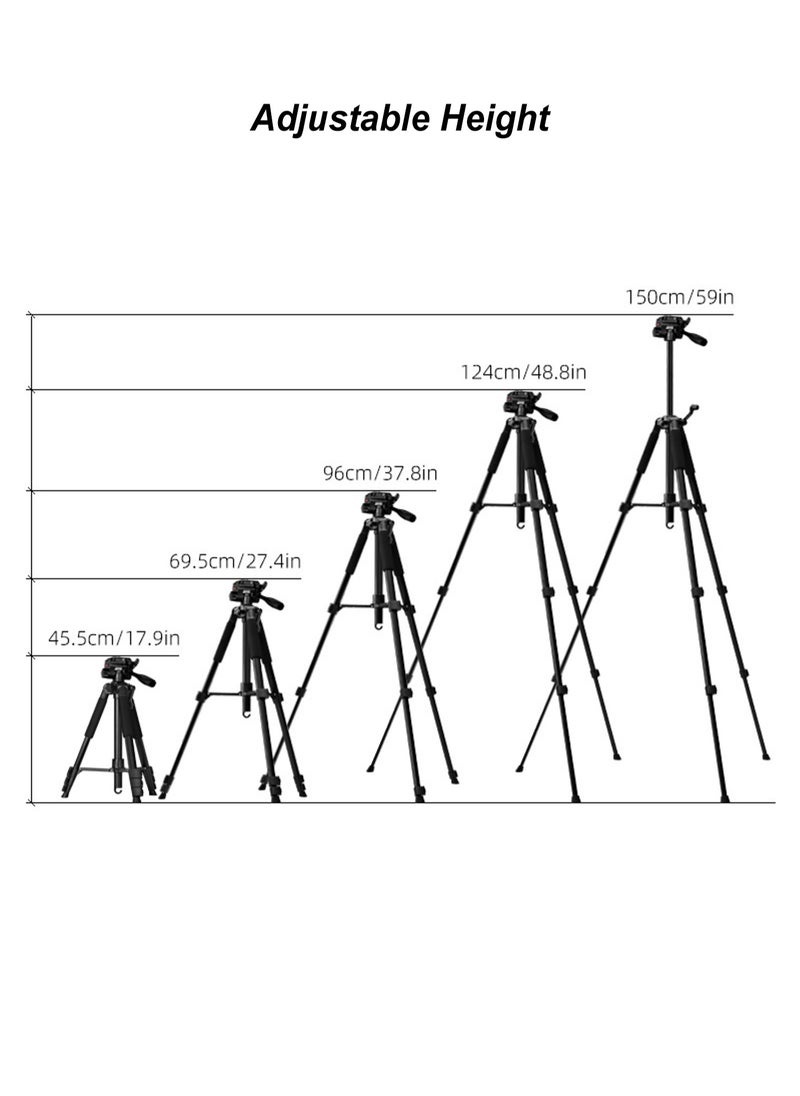 Portable Metal Tripod - 150cm Foldable Stand - 360° Rotation - Mobile Phone Holder - Compatible with Projector, Fill Light, Slr Camera, Mirrorless Camera, Gimbal, Telescope