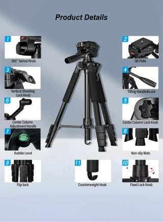 Portable Metal Tripod - 150cm Foldable Stand - 360° Rotation - Mobile Phone Holder - Compatible with Projector, Fill Light, Slr Camera, Mirrorless Camera, Gimbal, Telescope - view 2