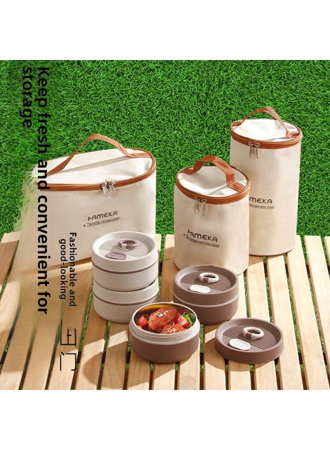Stainless Steel Insulated Lunch Box Insulated Bucket Microwave Oven Japanese-style Student Double-layer Round Food Grade Bento Lid Lunch Box-Specifications:Three-layer Handle Bag  - Image 2