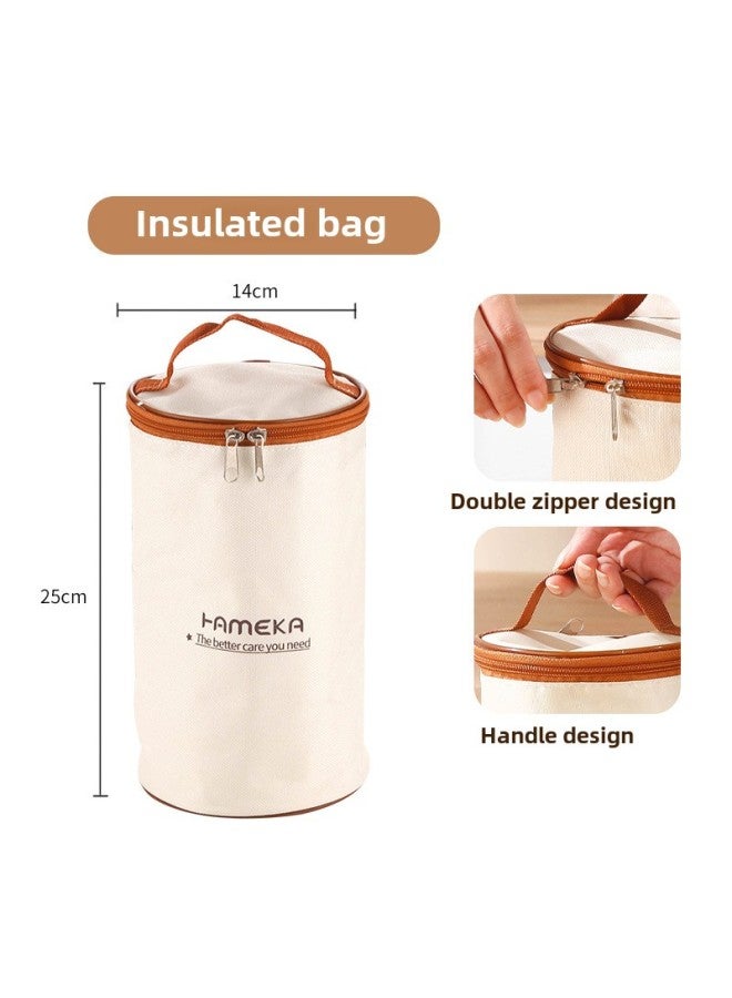 Stainless Steel Insulated Lunch Box Insulated Bucket Microwave Oven Japanese-style Student Double-layer Round Food Grade Bento Lid Lunch Box-Specifications:Three-layer Handle Bag  - Image 1
