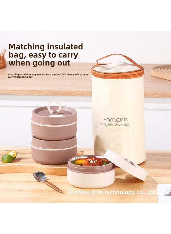 Stainless Steel Insulated Lunch Box Insulated Bucket Microwave Oven Japanese-style Student Double-layer Round Food Grade Bento Lid Lunch Box-Specifications:Three-layer Handle Bag  - Image 4
