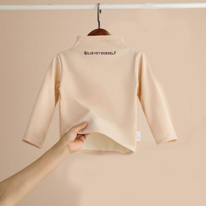 Childrens fleece-lined thickened turtleneck bottoming shirt suit winter boys and girls long johns underwear suit baby middle and big children Apricot top
