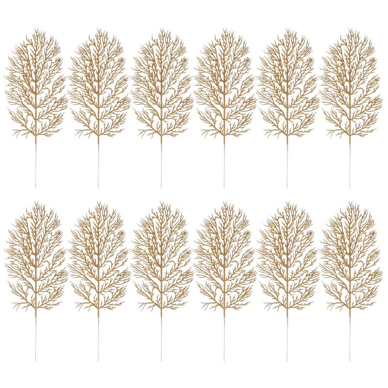 Cabilock 12pcs Christmas Glitter Leaves 165 Artificial Sparkle Leaf Christmas Tree Leaves Ornament Sprays Glitter Leaf Christmas Garland Flashing Picks for Vase Filler Xmas Wedding Decoration Gold