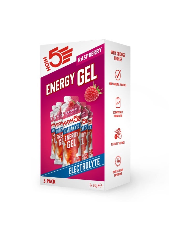 High5 Energy Gels with Electrolytes - Quick Release Sports Gels for Peak Performance - Natural Fruit Juice & Caffeine-Free - Energy Boost for Running, Cycling, Endurance (Raspberry, 5 x 60g) - Image 1