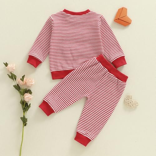Lesimsam Toddler Baby Boy Valentines Outfit Lover Boy Embroidery Long Sleeve Waffle Knit Sweatshirt and Pants Set (Striped-Red, 12-18 Months) - Image 5
