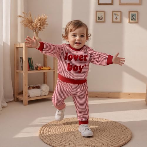 Lesimsam Toddler Baby Boy Valentines Outfit Lover Boy Embroidery Long Sleeve Waffle Knit Sweatshirt and Pants Set (Striped-Red, 12-18 Months) - Image 3