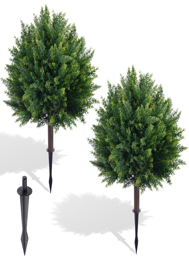 FONYICK 24.8'' Artificial Cedar Topiary Ball Trees, Set of 2 Fake Cypress Bushes Shrubs with Spikes UV Resistant Evergreen Faux Cypress Tree Plants for Planters Front Porch Outside Spring Garden Decor - Image 1