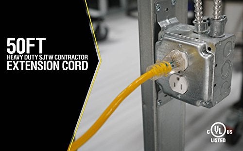 Yellow Jacket 2884 12/3 Heavy-Duty 15-Amp SJTW Contractor Extension Cord with Lighted Ends, Ideal for Heavy Duty Equipment and Tools, Durable Clear Molded Plugs, High Gloss Yellow Jacket, 50-Feet - Image 4