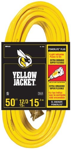 Yellow Jacket 2884 12/3 Heavy-Duty 15-Amp SJTW Contractor Extension Cord with Lighted Ends, Ideal for Heavy Duty Equipment and Tools, Durable Clear Molded Plugs, High Gloss Yellow Jacket, 50-Feet - Image 1