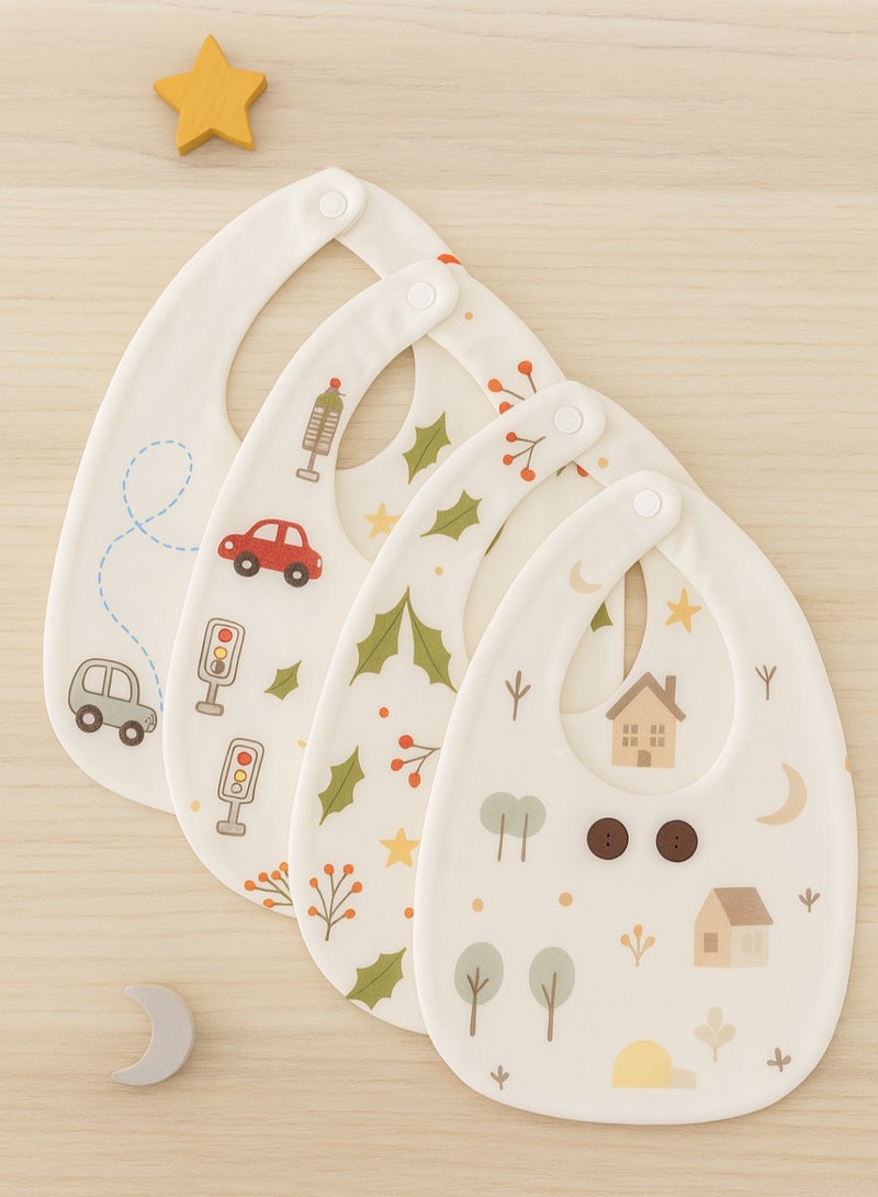 Kisunya Baby Bib - 4Pcs White Baby Bib Set, U-Shaped Feeding Bibs for Infants and Toddlers, Waterproof, Soft and Comfortable, Adjustable Snap Closure, Easy to Clean, Ideal for Feeding, Teething, and Daily Use, Unisex Baby Essentials - Image 1