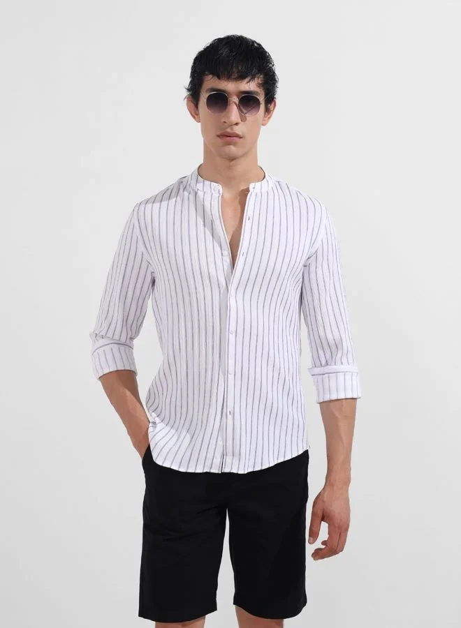 The Indian Garage Co Men Regular Fit Striped Mandarin Collar Full Sleeves Shirt