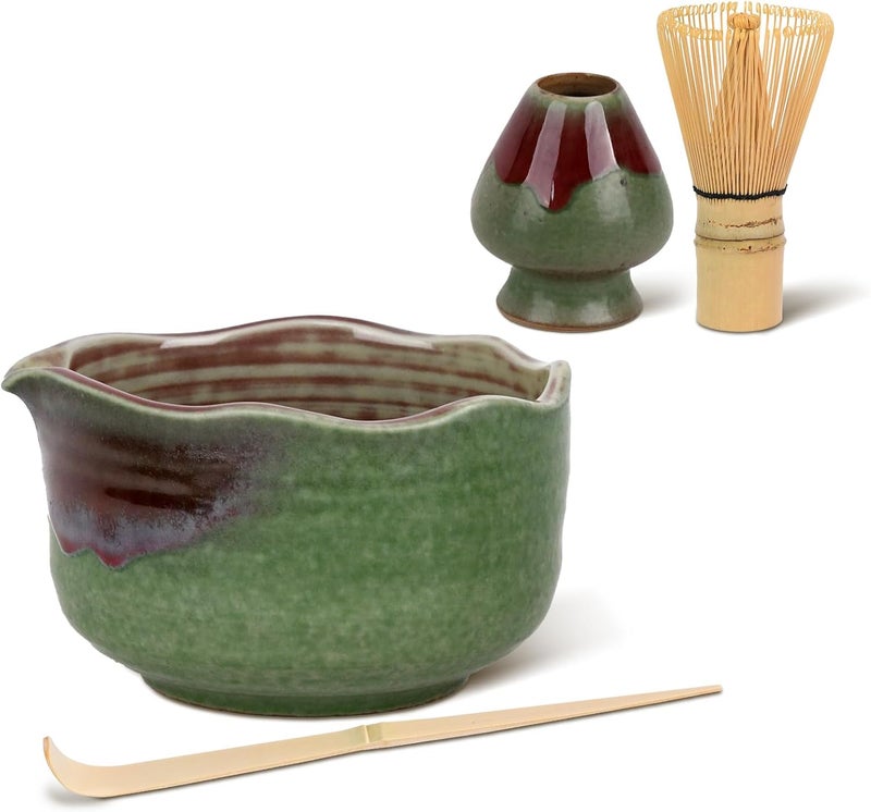 Roperu Pottery Matcha Set - Japanese Handcrafted Matcha Tea Bowl Mineral Glaze Bowl with Spout, Bamboo Whisk, Scoop & Chasen Holder | 4pc Tea Ceremony Kit for Matcha Lovers (Forest Glow) - Image 2