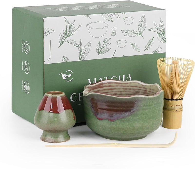 Roperu Pottery Matcha Set - Japanese Handcrafted Matcha Tea Bowl Mineral Glaze Bowl with Spout, Bamboo Whisk, Scoop & Chasen Holder | 4pc Tea Ceremony Kit for Matcha Lovers (Forest Glow) - Image 1