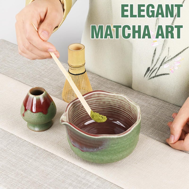 Roperu Pottery Matcha Set - Japanese Handcrafted Matcha Tea Bowl Mineral Glaze Bowl with Spout, Bamboo Whisk, Scoop & Chasen Holder | 4pc Tea Ceremony Kit for Matcha Lovers (Forest Glow) - Image 3