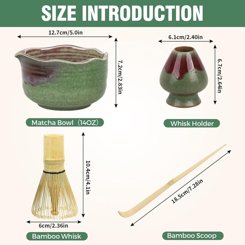 Roperu Pottery Matcha Set - Japanese Handcrafted Matcha Tea Bowl Mineral Glaze Bowl with Spout, Bamboo Whisk, Scoop & Chasen Holder | 4pc Tea Ceremony Kit for Matcha Lovers (Forest Glow) - Image 5