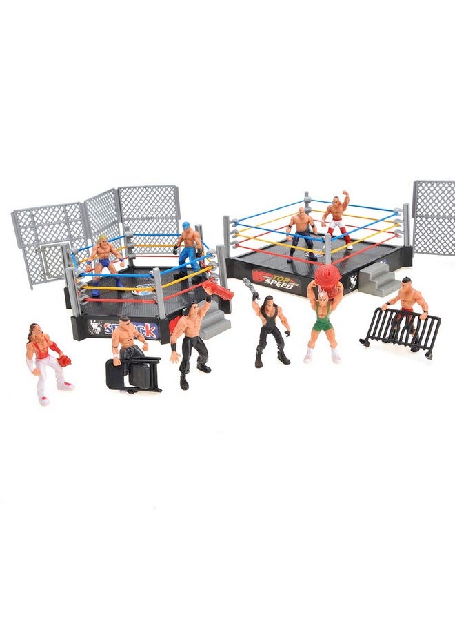 PowerTRC PowerTRC 32 Pieces Wrestling Toys, Wrestler Play Set with 2 Wrestle Rings (Hexagon & Square), 12 Wrestlers, 18 Accessories, Toy Figures Cake Topper Birthday Party Decoration Gift Toy for Kids  - Image 2