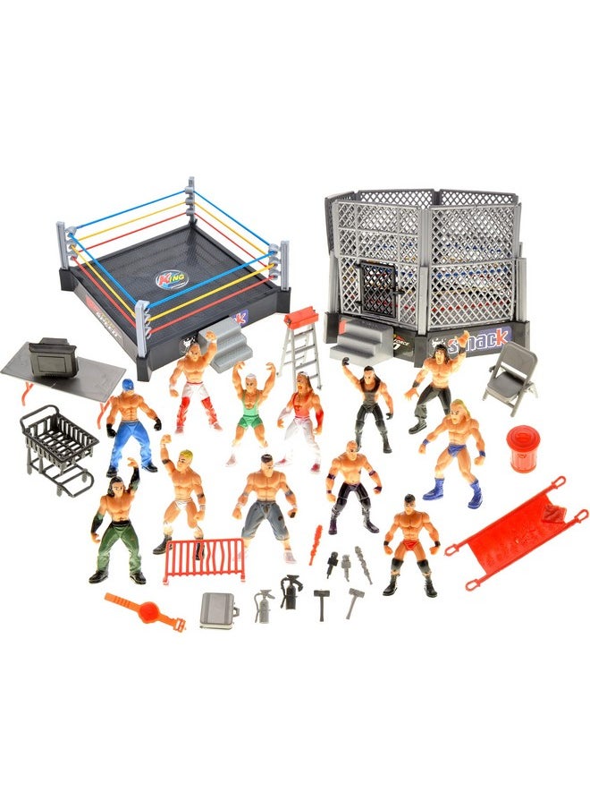 PowerTRC PowerTRC 32 Pieces Wrestling Toys, Wrestler Play Set with 2 Wrestle Rings (Hexagon & Square), 12 Wrestlers, 18 Accessories, Toy Figures Cake Topper Birthday Party Decoration Gift Toy for Kids  - Image 1
