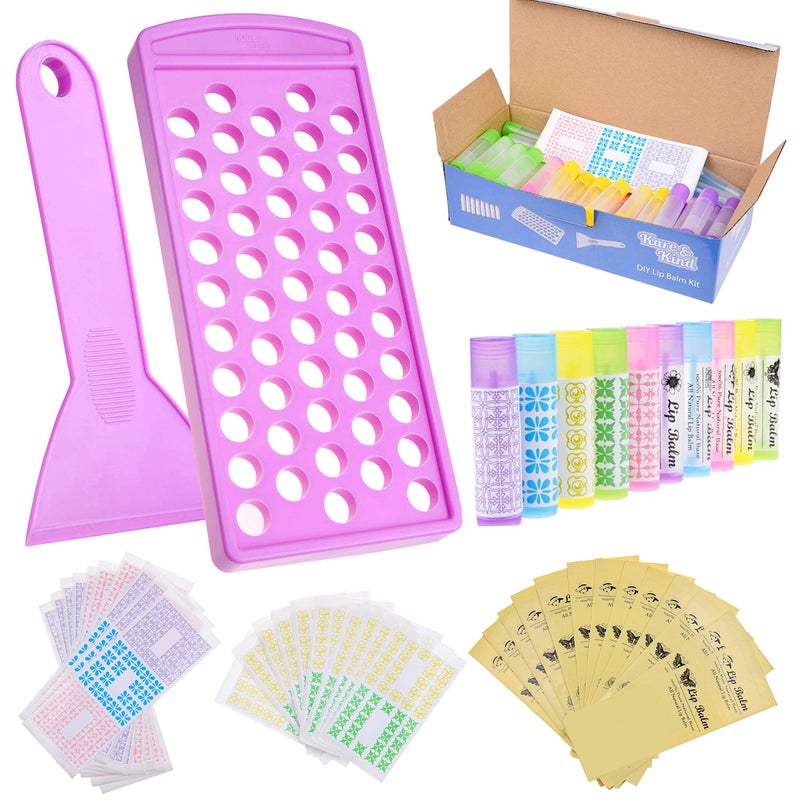 Kare  Kind Lip Balm Crafting Kit  Easy Lip Balm Filling Tray and Spatula  50 Empty Lip Balm Tubes with Caps 10x5 Colors  316 Oz 55 ml  50 Writeable and 50 Printed Stickers  M