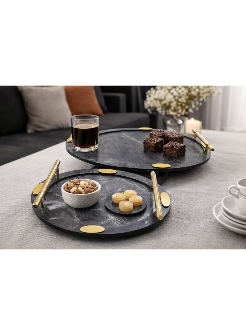 Luxurious Round Black Marble-Look Serving Tray Set with Gold Handles and Accents with Coasters - Image 3