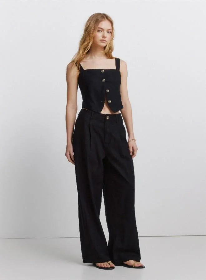 Springfield  Black linen short strappy front button vest top for Women | Best Price UAE