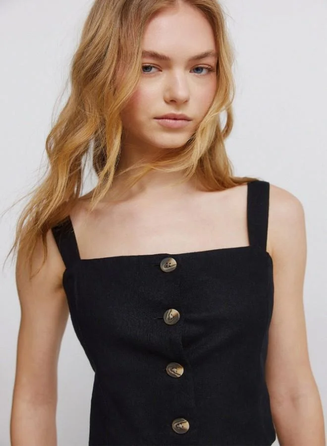 Black linen short strappy front button vest top