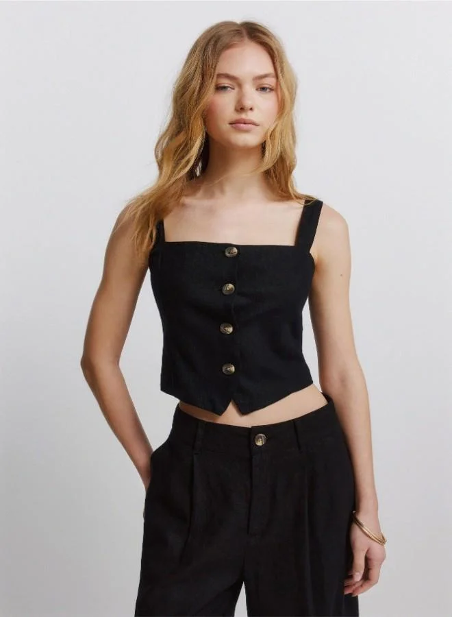 Springfield  Black linen short strappy front button vest top for Women | Best Price UAE