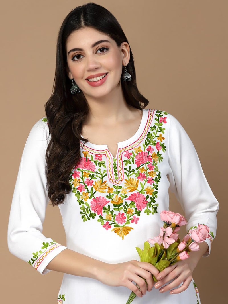 QAZMI Women's Cotton Straight Kashmiri Embroidery Kurti (XX-Large, White) - Image 4