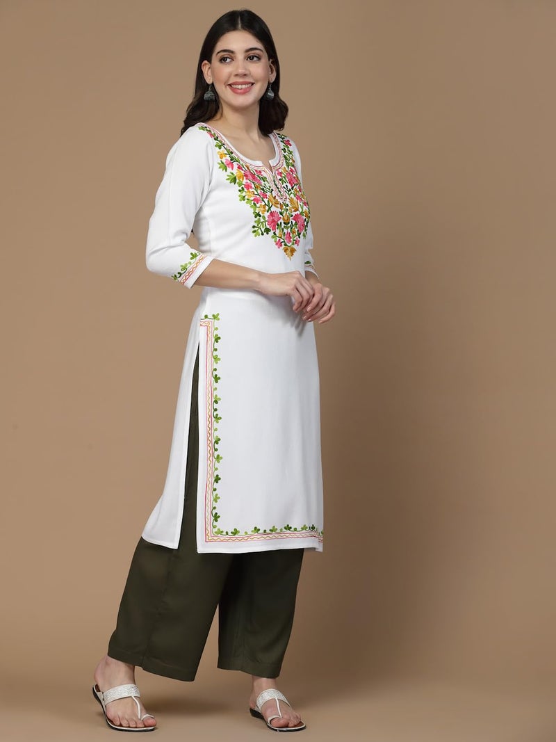 QAZMI Women's Cotton Straight Kashmiri Embroidery Kurti (XX-Large, White) - Image 3