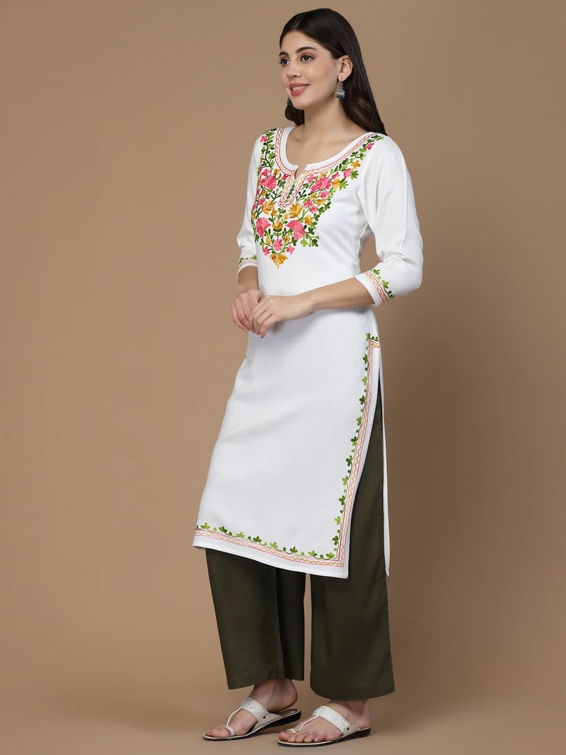 QAZMI Women's Cotton Straight Kashmiri Embroidery Kurti (XX-Large, White) - Image 2