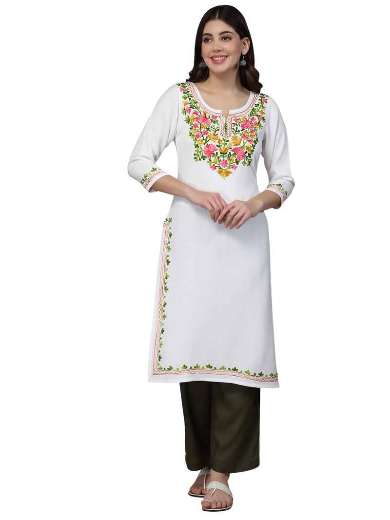 QAZMI Women's Cotton Straight Kashmiri Embroidery Kurti (XX-Large, White) - Image 1