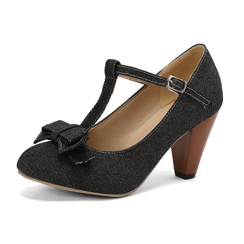 2024 Spring T-Buckle High Heels 31-48 Denim Bow Shallow Mouth Shoes - Image 1