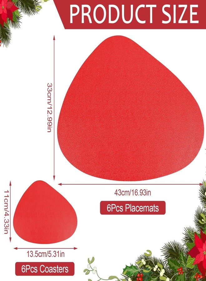 Stuffygreenus Set of 6 Red Vinyl Placemats with Coasters 16.5 Inch Pebble Shaped Vinyl Placemats Faux Leather Red Place Mats for Xmas Winter Party Kitchen Dining Table Decorations - Image 2