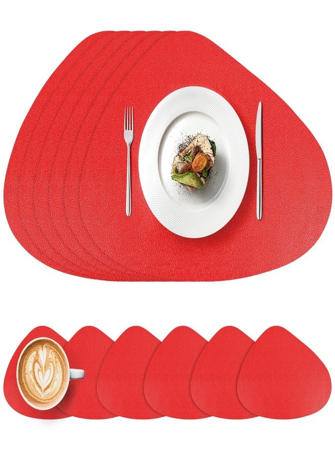 Stuffygreenus Set of 6 Red Vinyl Placemats with Coasters 16.5 Inch Pebble Shaped Vinyl Placemats Faux Leather Red Place Mats for Xmas Winter Party Kitchen Dining Table Decorations - Image 1