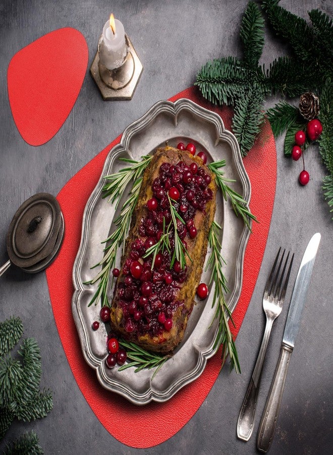 Stuffygreenus Set of 6 Red Vinyl Placemats with Coasters 16.5 Inch Pebble Shaped Vinyl Placemats Faux Leather Red Place Mats for Xmas Winter Party Kitchen Dining Table Decorations - Image 3