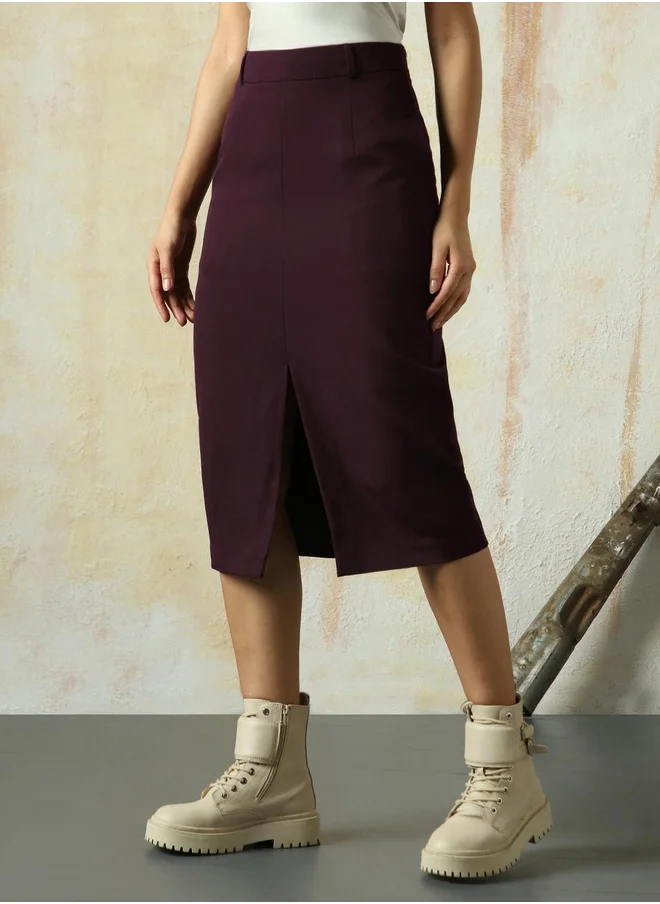هاي ستار Solid A-Line Skirt with Front Slit Detail