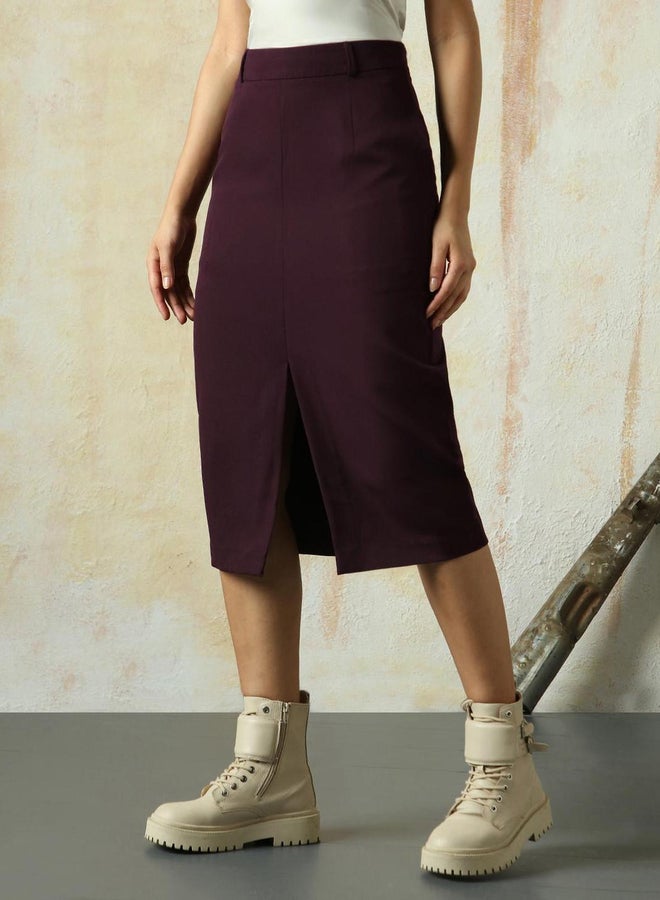 HIGH STAR Solid A-Line Skirt with Front Slit Detail - Image 2