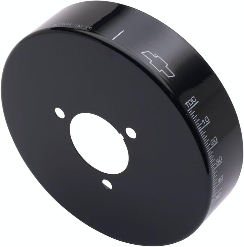 ProForm Harmonic Balancer Cover with Timing Marks and Bowtie Logo - Black Aluminum for 8 in Small Block Chevy