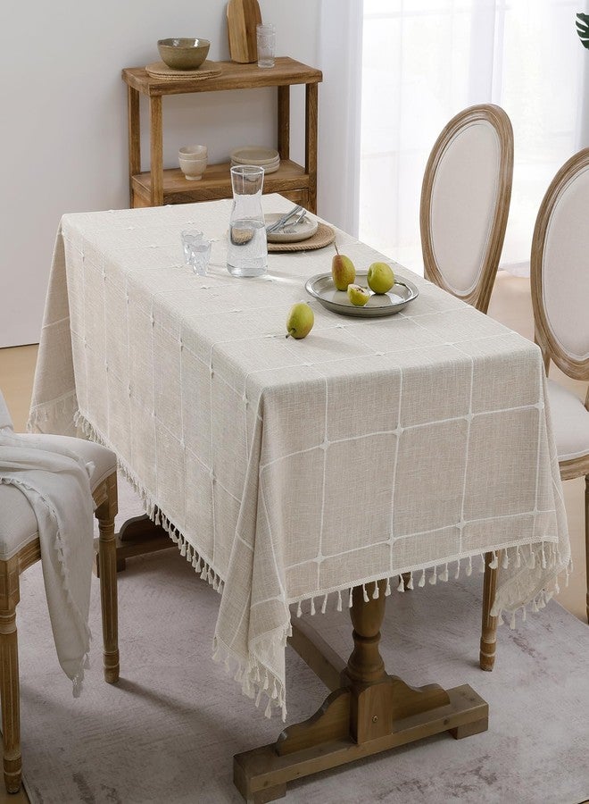 Softalker مفرش طاولة مستطيل من سوفت توكر، مقاوم للماء، مصنوع من الكتان والقطن، بتصميم ريفي، مزين بشرابة، ثقيل الوزن، مقاوم للتجاعيد، مناسب لتناول الطعام/الحفلات/الديكور الريفي - 55 × 70 بوصة، بنقشة مربعات قهوة - Image 2