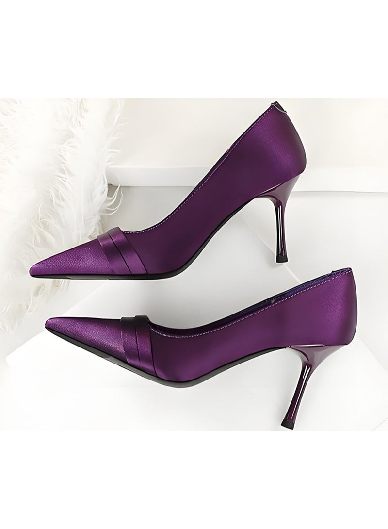 BIGTREE Women's Satin Stiletto Pumps Closed Pointed Toe High Heels Party Dress Shoes Purple 8CM - Image 3