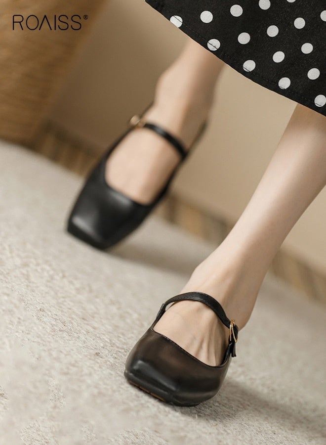 roaiss Women's Mary Jane Flats Square Toe Single Buckle Strap Low Cut Comfort Sole Retro Chic Shoes Ladies French Soft Leather Shoes Versatile Flats Black - Image 2