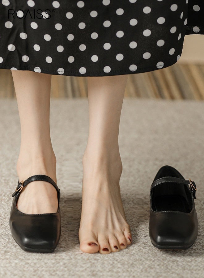 roaiss Women's Mary Jane Flats Square Toe Single Buckle Strap Low Cut Comfort Sole Retro Chic Shoes Ladies French Soft Leather Shoes Versatile Flats Black - Image 3