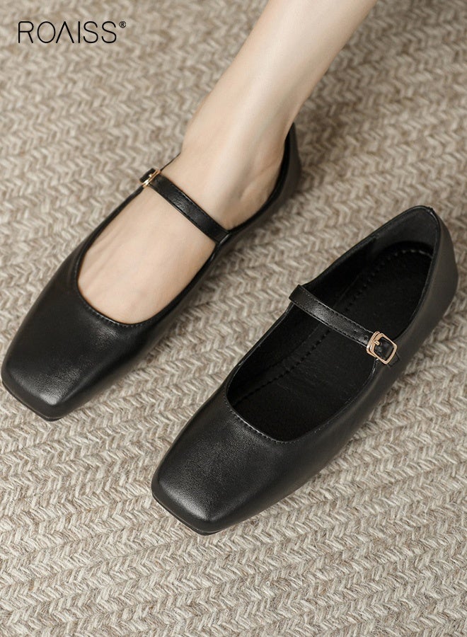 roaiss Women's Mary Jane Flats Square Toe Single Buckle Strap Low Cut Comfort Sole Retro Chic Shoes Ladies French Soft Leather Shoes Versatile Flats Black - Image 4