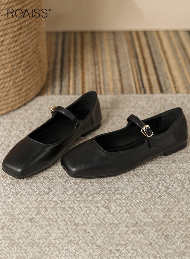 roaiss Women's Mary Jane Flats Square Toe Single Buckle Strap Low Cut Comfort Sole Retro Chic Shoes Ladies French Soft Leather Shoes Versatile Flats Black - Image 1