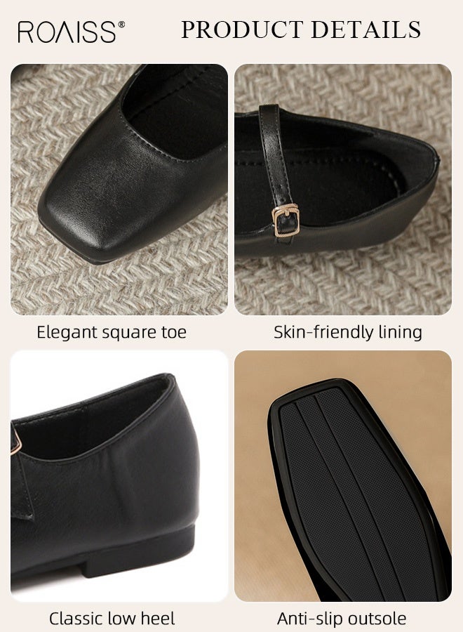 roaiss Women's Mary Jane Flats Square Toe Single Buckle Strap Low Cut Comfort Sole Retro Chic Shoes Ladies French Soft Leather Shoes Versatile Flats Black - Image 5