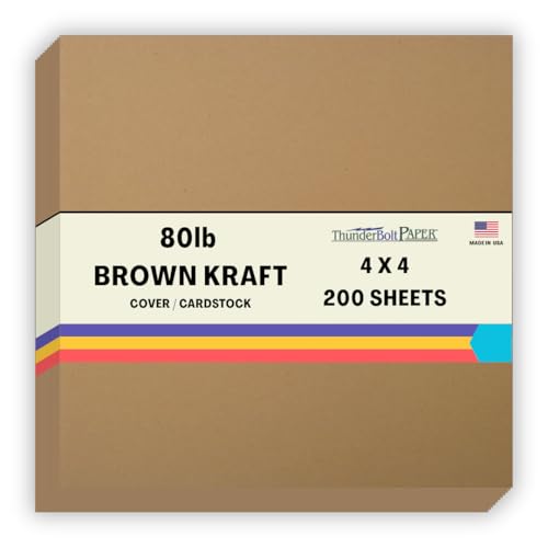 ThunderBolt Paper 200 Brown Kraft Fiber 80# Cover Paper Sheets - 4" X 4" (4X4 Inches) Small Square Card Size - Rich Earthy Color with Natural Fibers - 80lb/Pound Cardstock - Smooth Finish - Image 1