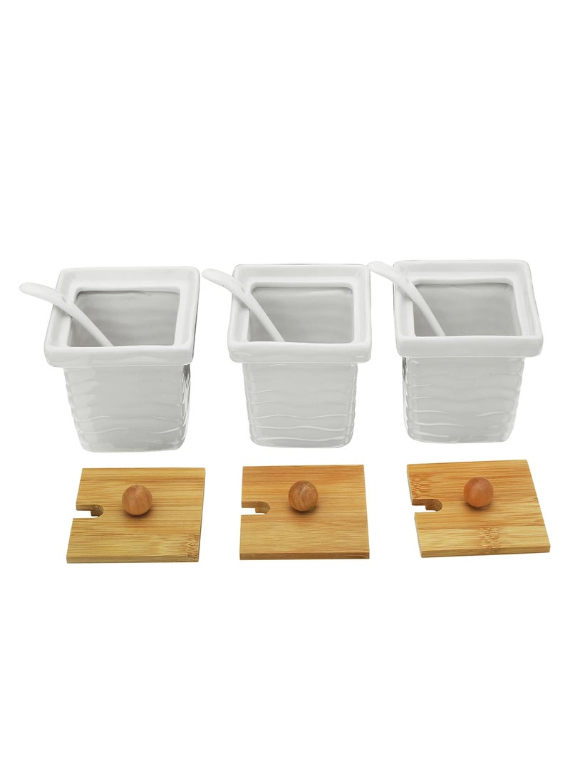 TAGROCK TAGROCK Ceramic Pickle Containers Basic Ripple Style Kitchen Accessories Pickle Jars Square Shaped White With Brown Lid Stand_Set Of 3 Pcs  - Image 3