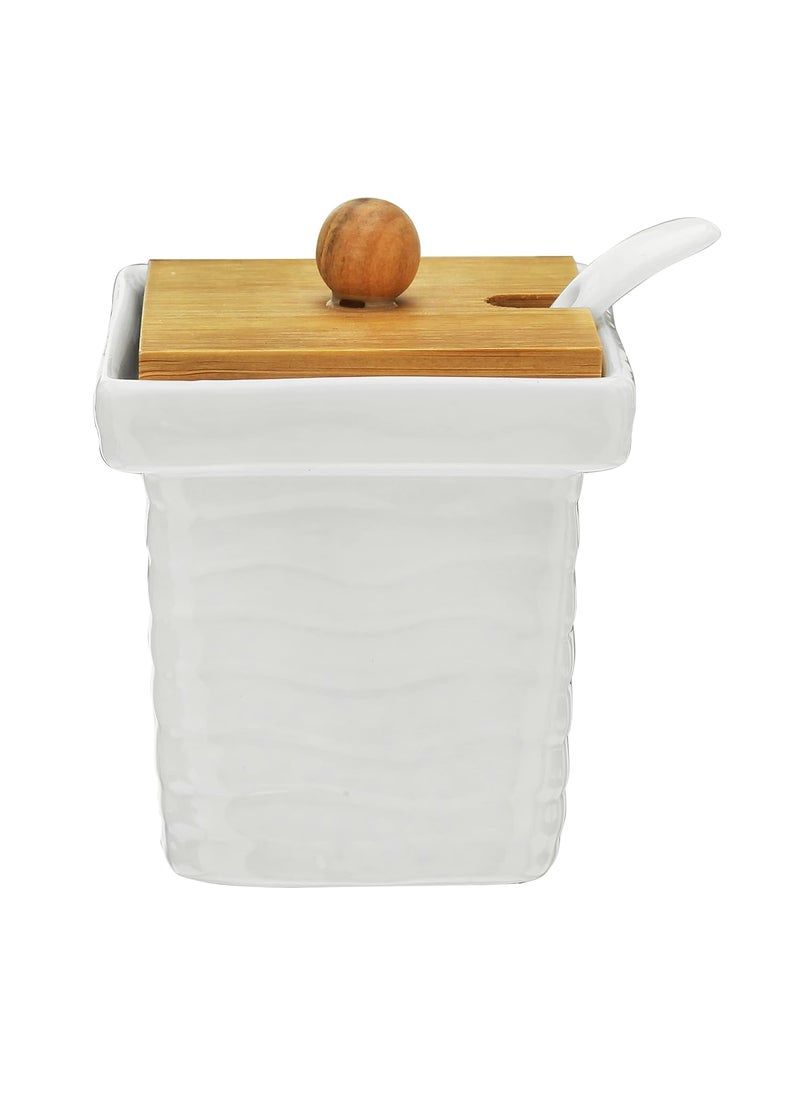 TAGROCK TAGROCK Ceramic Pickle Containers Basic Ripple Style Kitchen Accessories Pickle Jars Square Shaped White With Brown Lid Stand_Set Of 3 Pcs  - Image 5