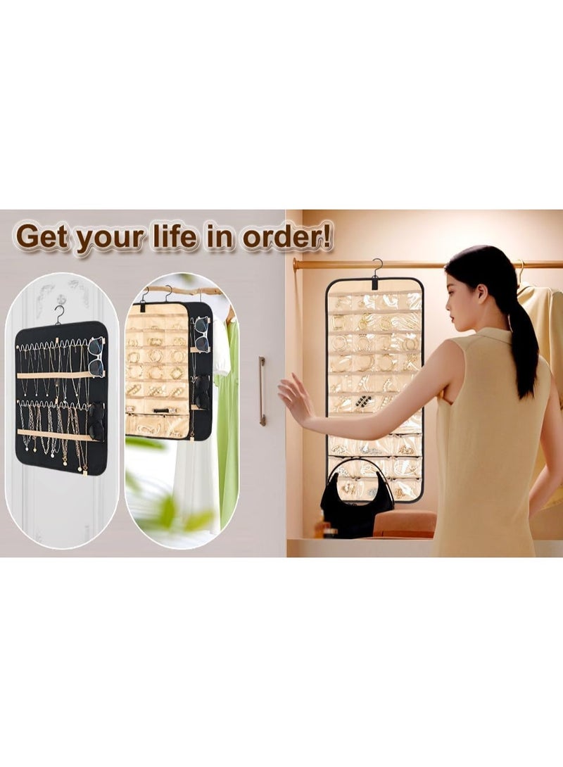 Double Sides Hanging Jewellery Organiser with 48 Clear Pockets and 3 Wave-Shaped Hooks,Jewellery Door Hanger Storage Holder for Earrings Necklaces Rings Bracelets on Closet Wall Door, Large - Image 3