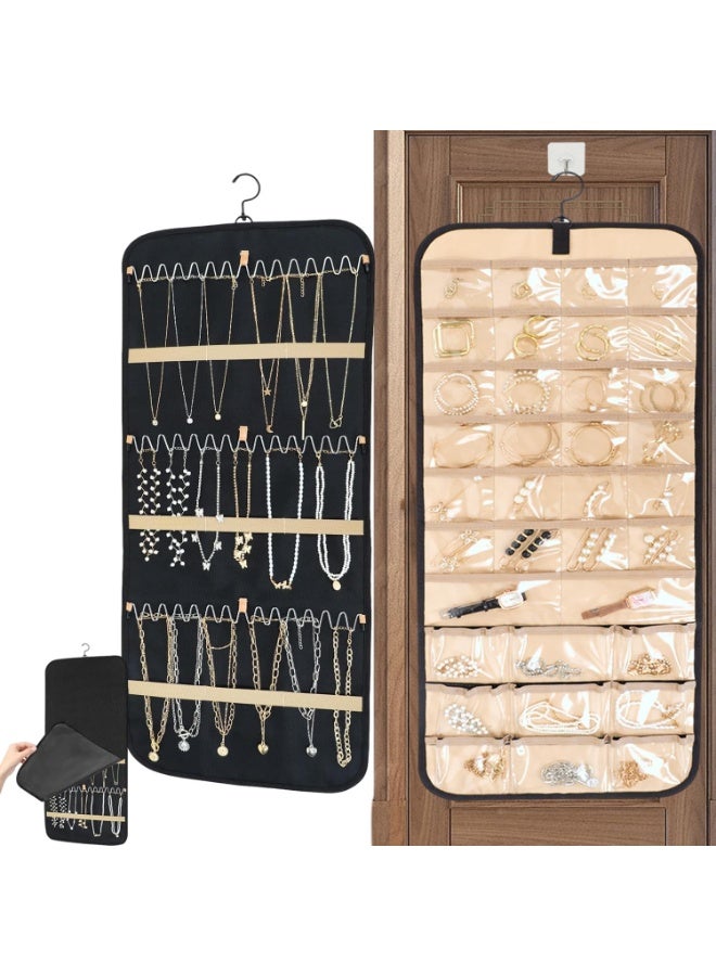 Double Sides Hanging Jewellery Organiser with 48 Clear Pockets and 3 Wave-Shaped Hooks,Jewellery Door Hanger Storage Holder for Earrings Necklaces Rings Bracelets on Closet Wall Door, Large - Image 1